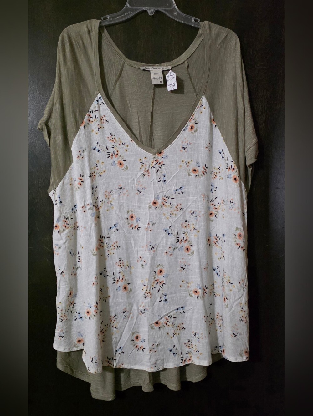 American Rag Olive/Tan Short-Sleeve Tunic Top White Floral Front Oversized 1X